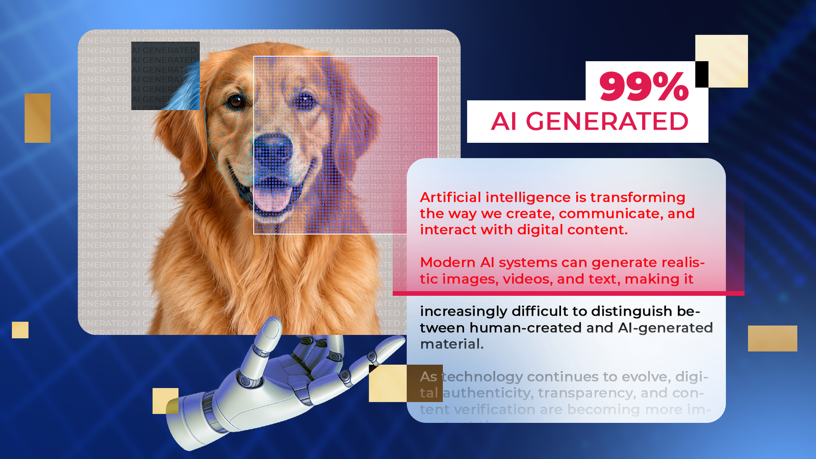 AI detection analysis of a dog photo and text, showing a 99% AI-generated result.