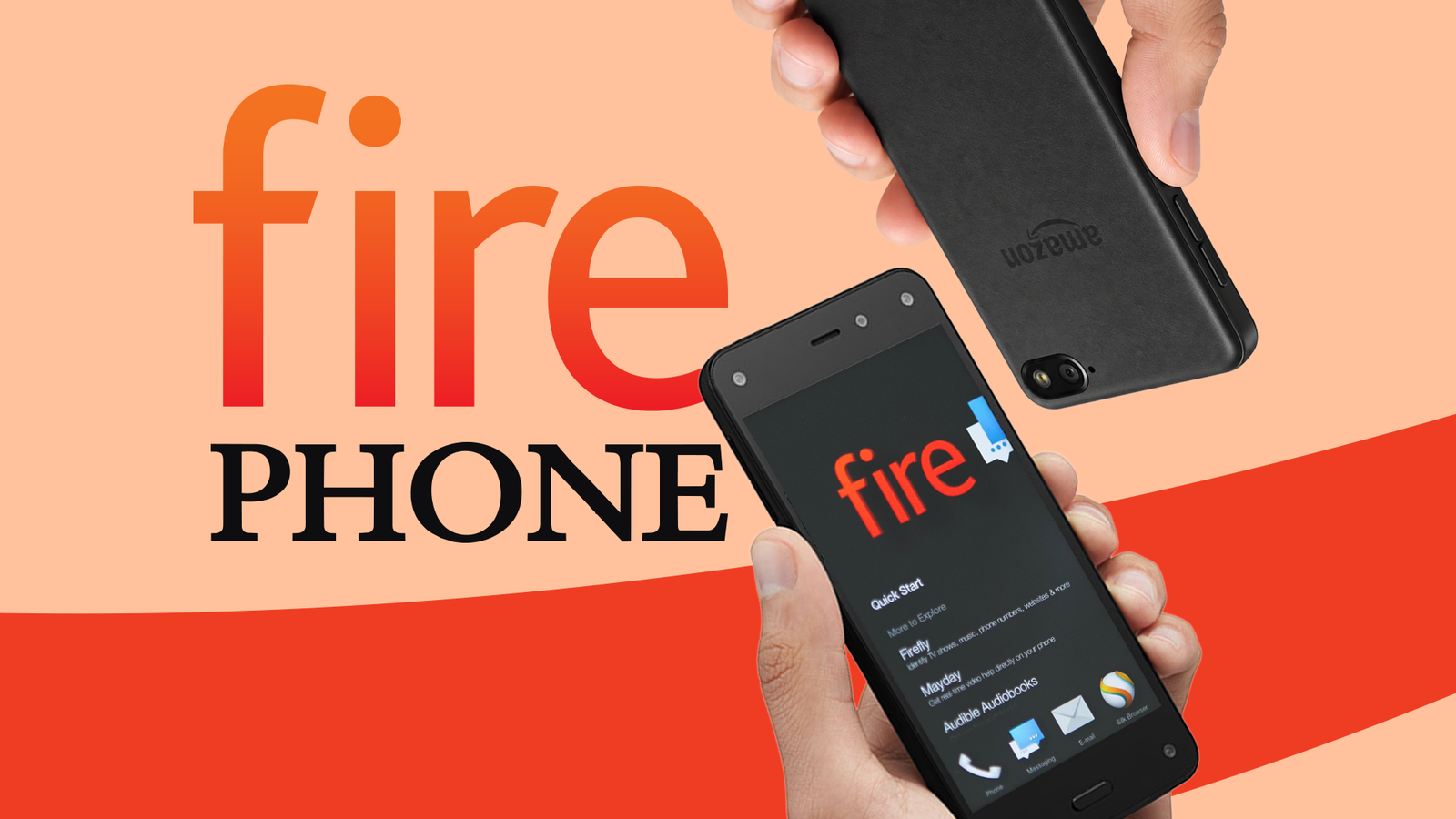 Amazon Fire Phone shown from the front and back, with Fire Phone branding on an orange background.