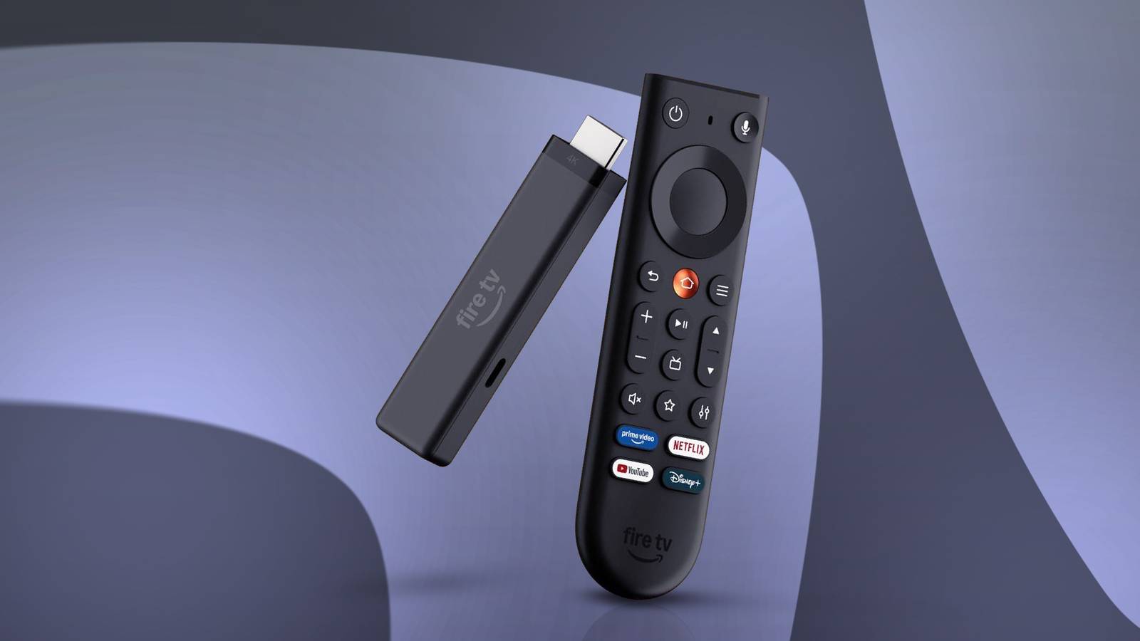 Amazon Fire TV Stick 4K (2026) on a purple abstract background.