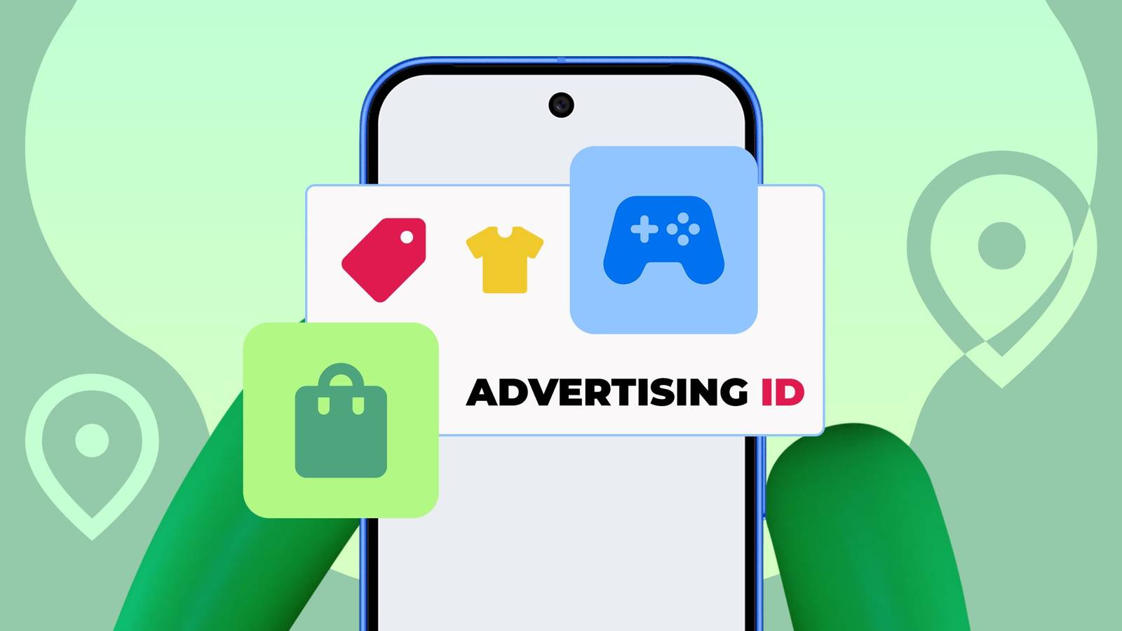Android phone displaying an advertising ID with shopping, gaming, and location tracking icons.