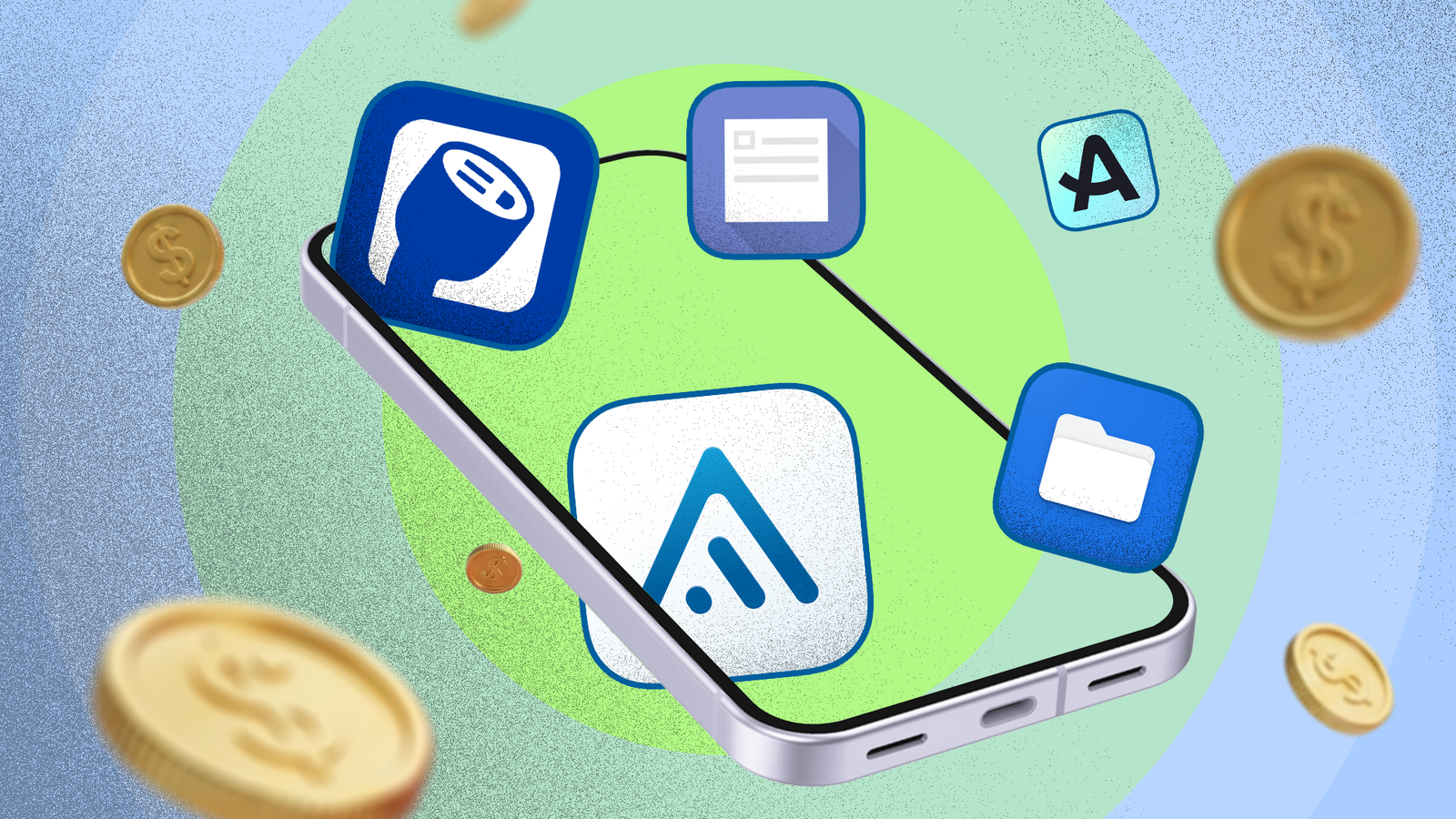 Android app icons floating above a smartphone, surrounded by gold coins.