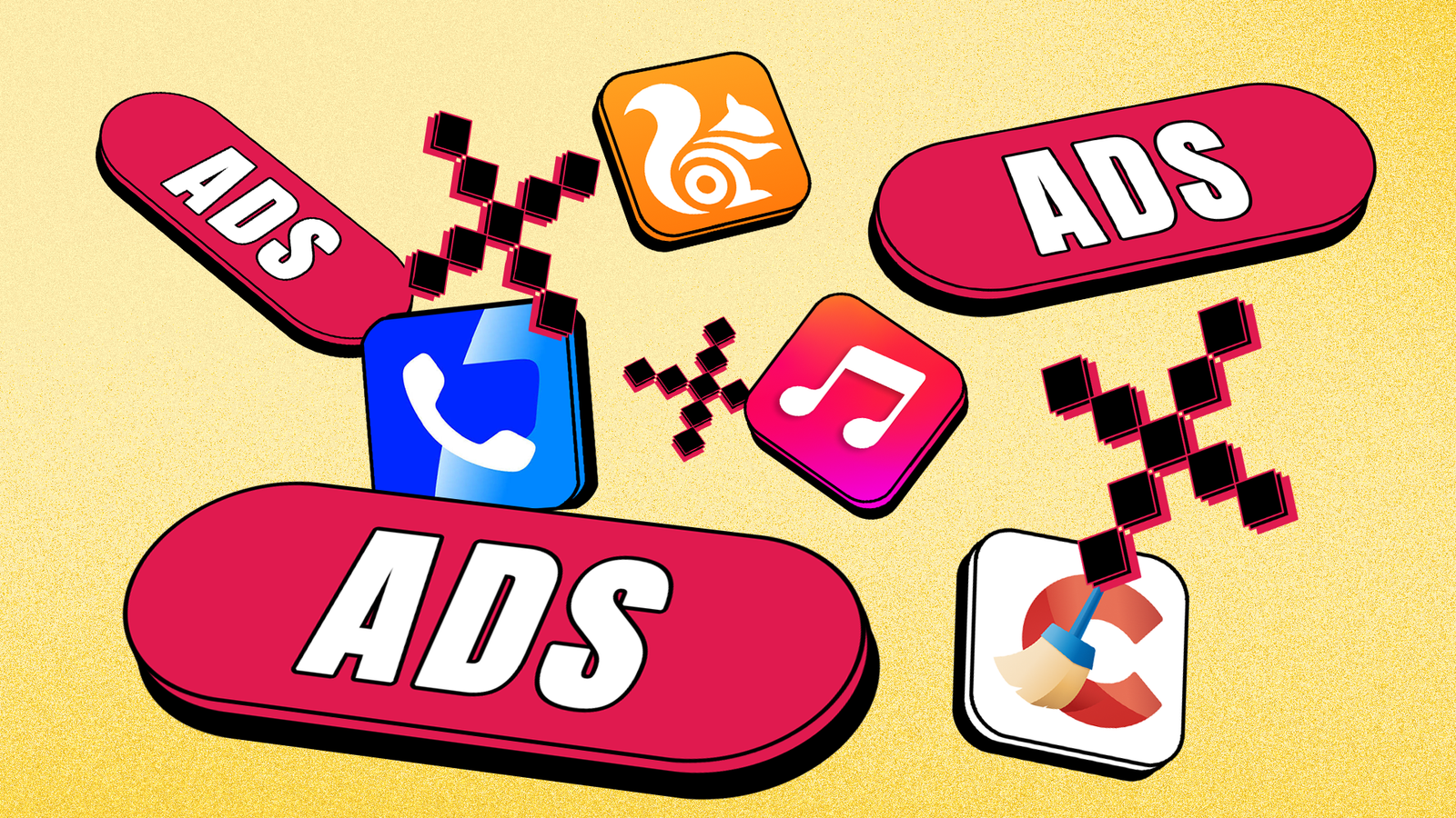 Android app icons surrounded by intrusive ads and uninstall symbols.