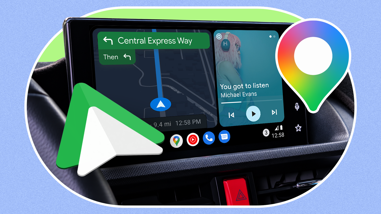 Android Auto displaying Google Maps navigation, with Android Auto and Google Maps logos in the foreground.