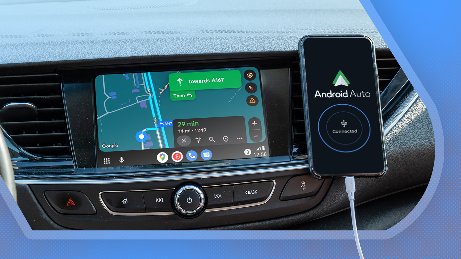 Android Auto navigation on a car dashboard with a smartphone connected via USB cable.