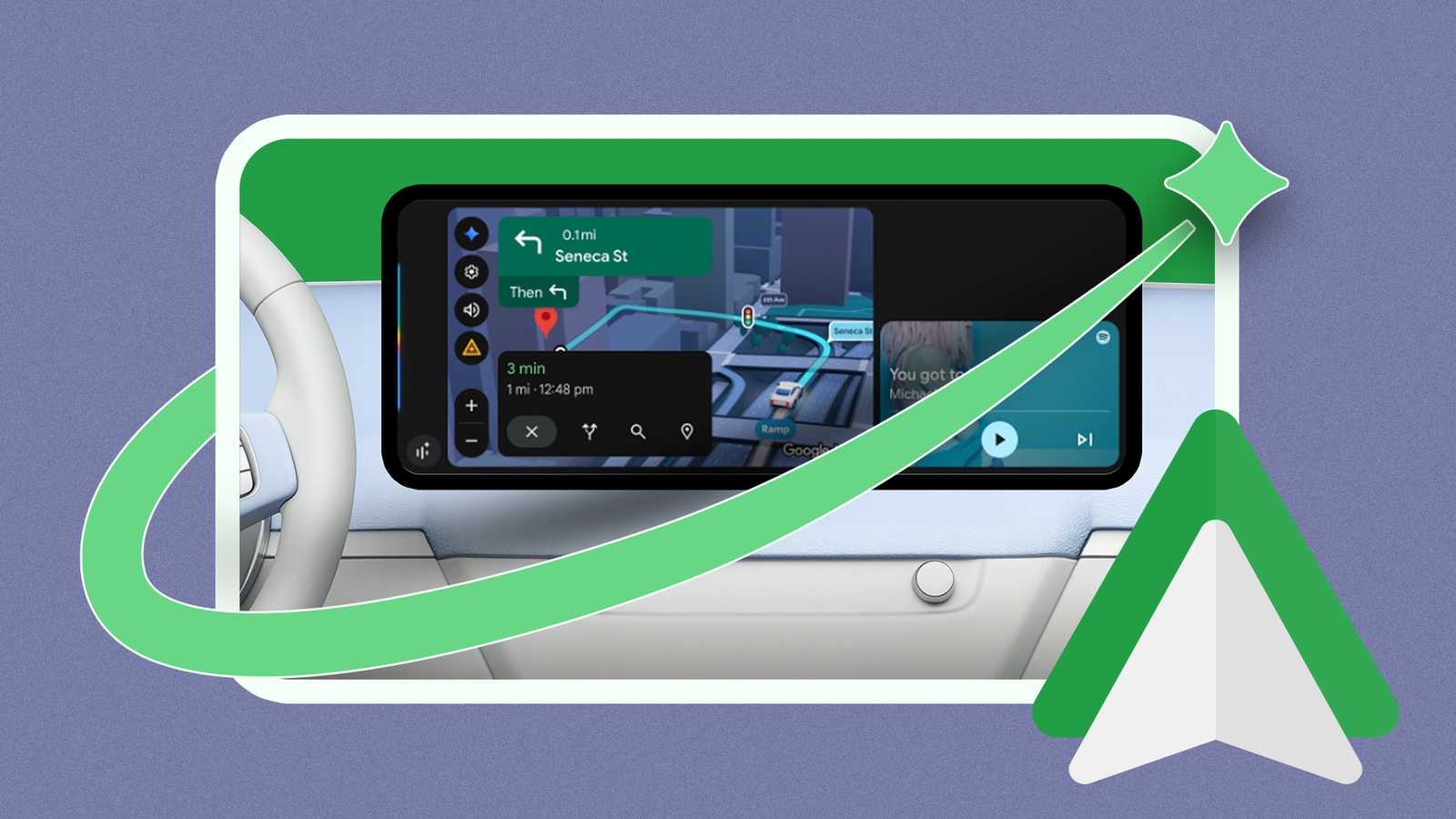 Android Auto navigation screen with Gemini AI graphics and the Android Auto logo.