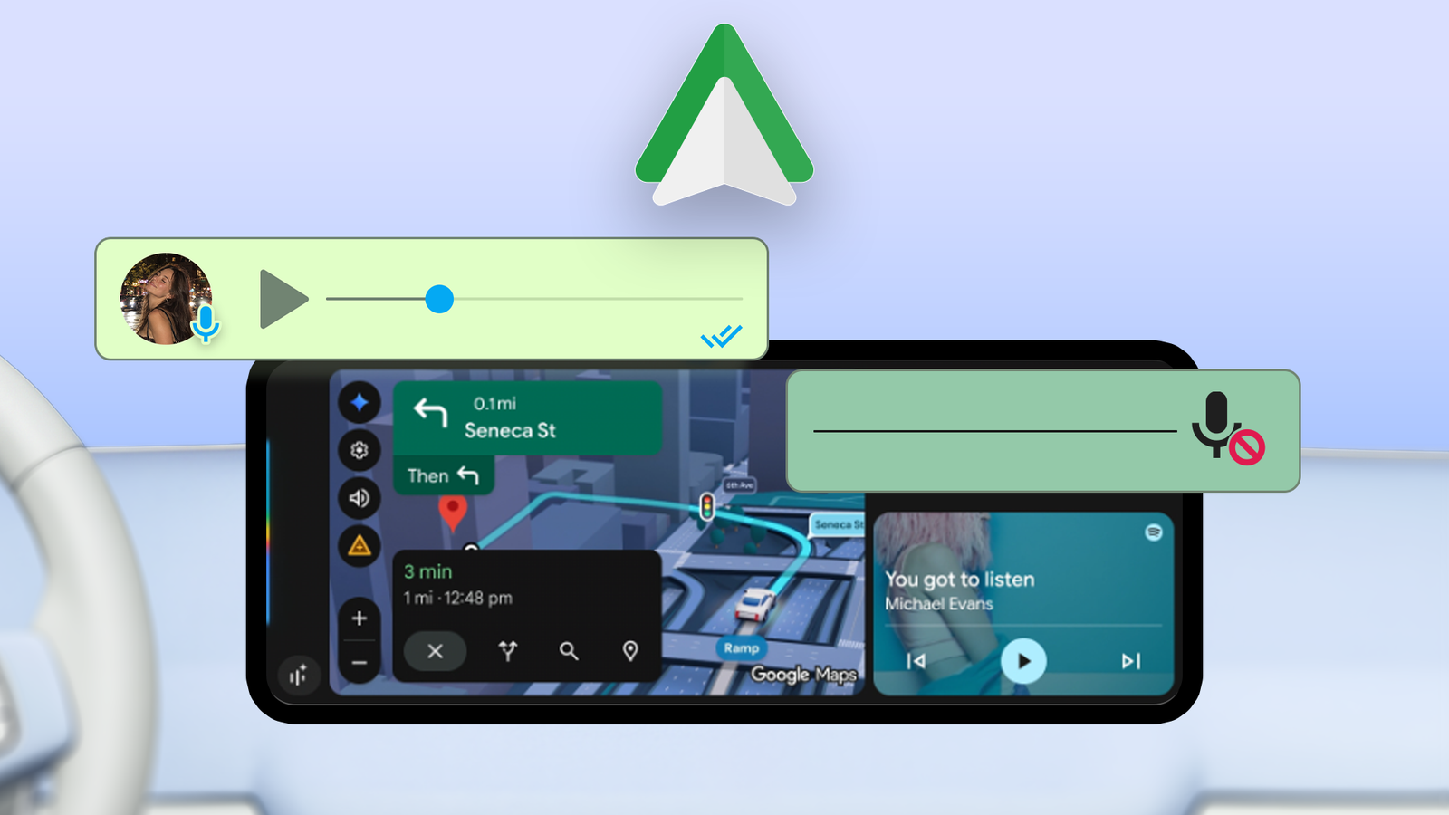 Android Auto showing a voice message playing and voice recording blocked.