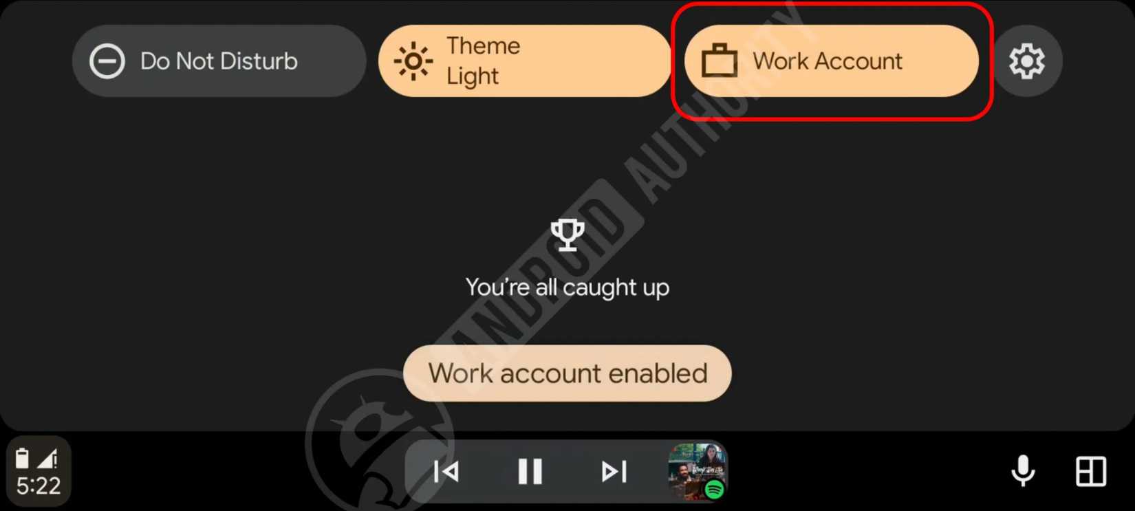 The Work Account tile in Android Auto quick settings.