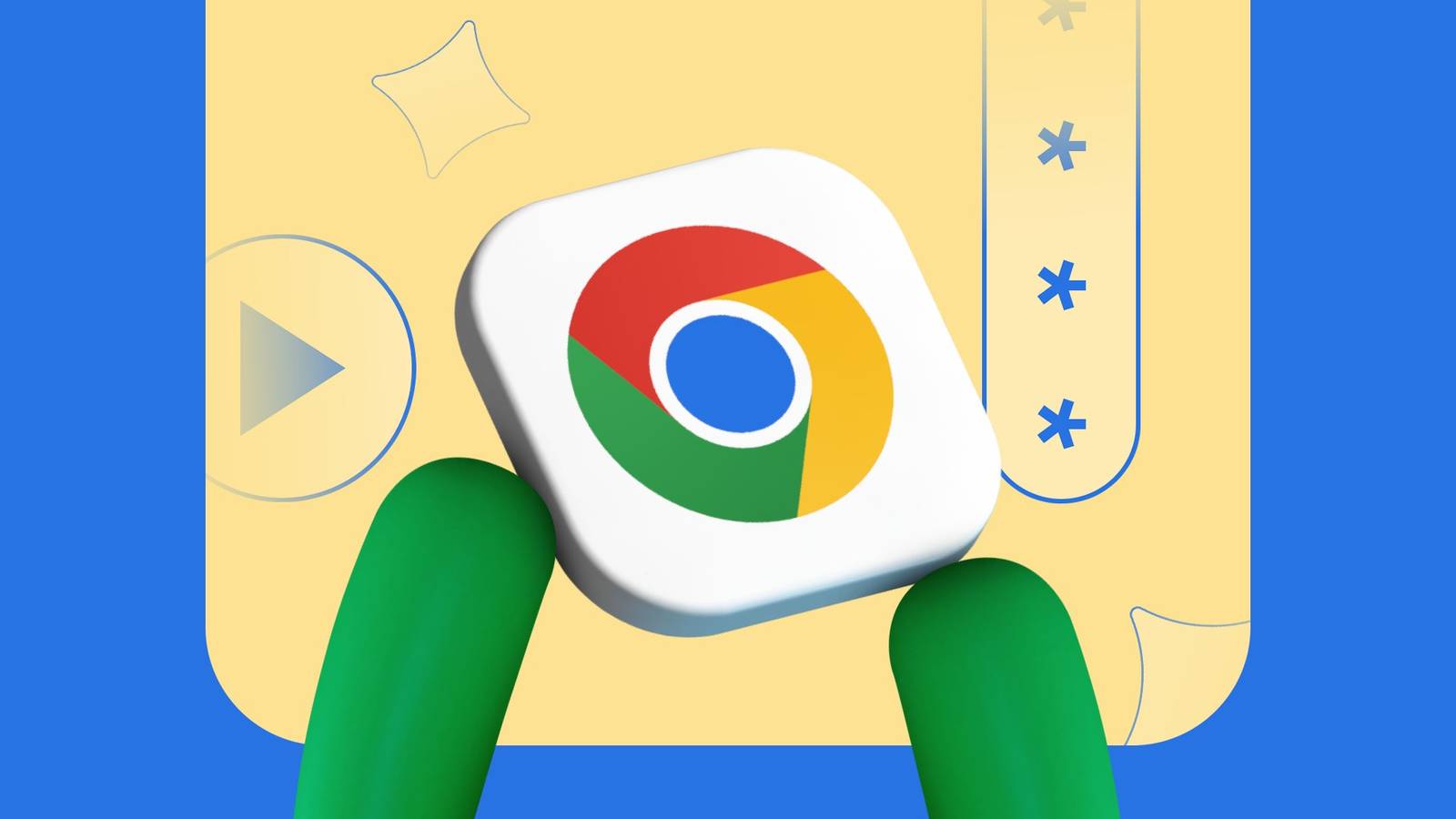 Android mascot holding a 3D Google Chrome logo.