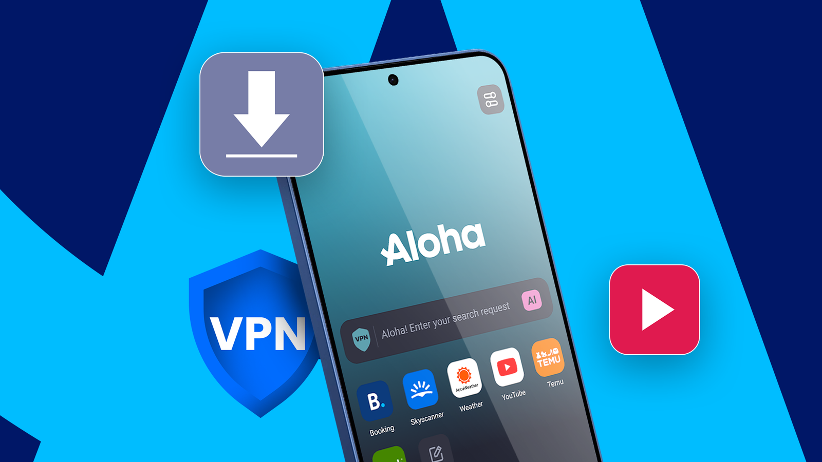 Android phone displaying Aloha Browser, surrounded by VPN, video playback, and download icons on a blue background.