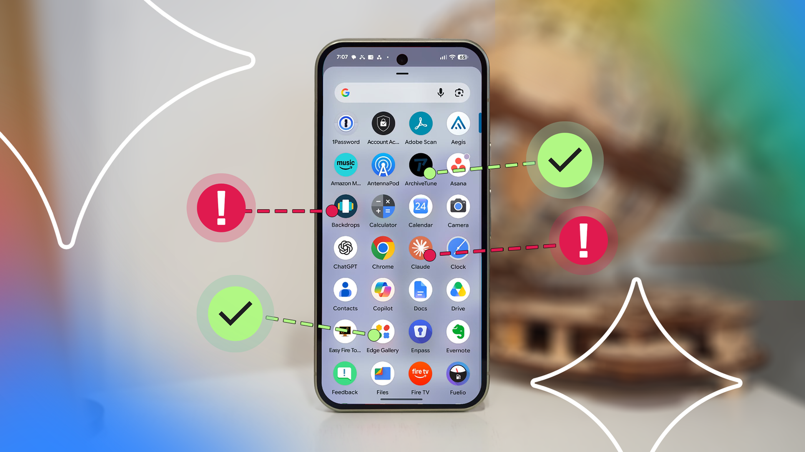 Android phone showing app icons with green checkmarks and red security alerts.