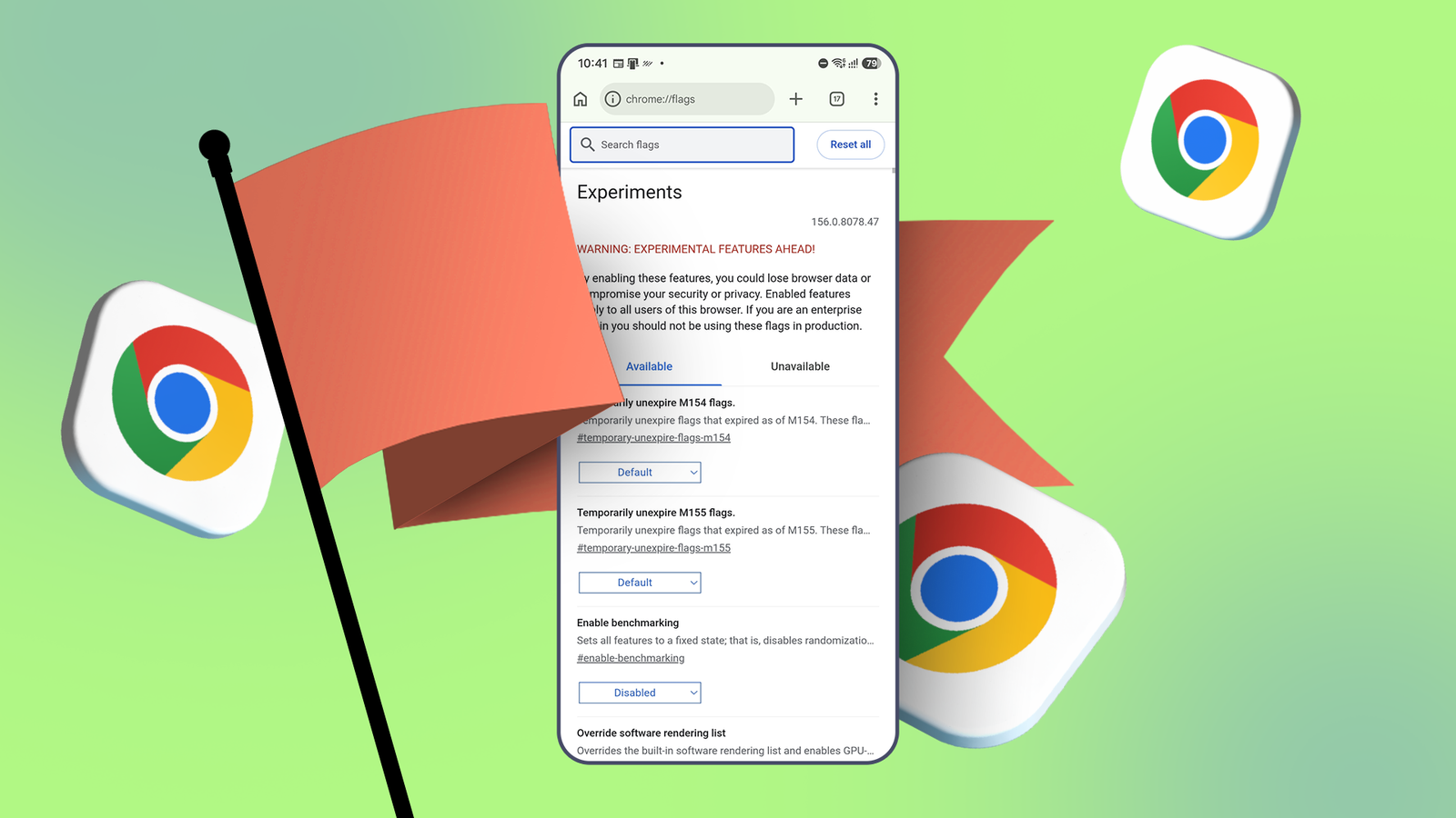 Android smartphone displaying Chrome's experimental flags settings, surrounded by floating Chrome logos and an orange flag on a green background.