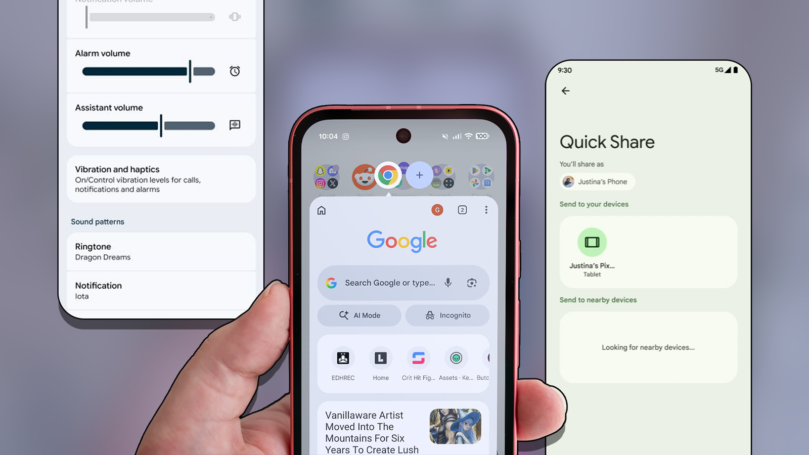 Android smartphone displaying Chrome, alongside Quick Share and Assistant volume settings