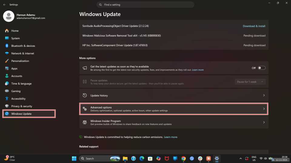 Windows update settings with 'Advanced options' highlighted.