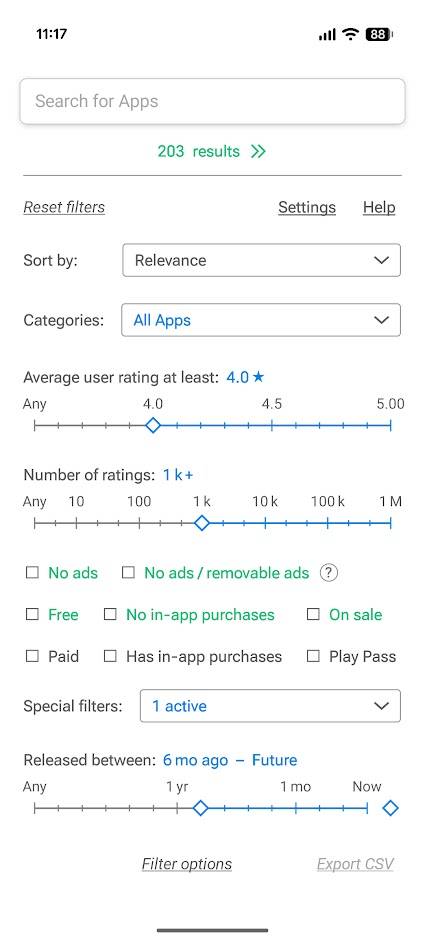 app filter options in app finder