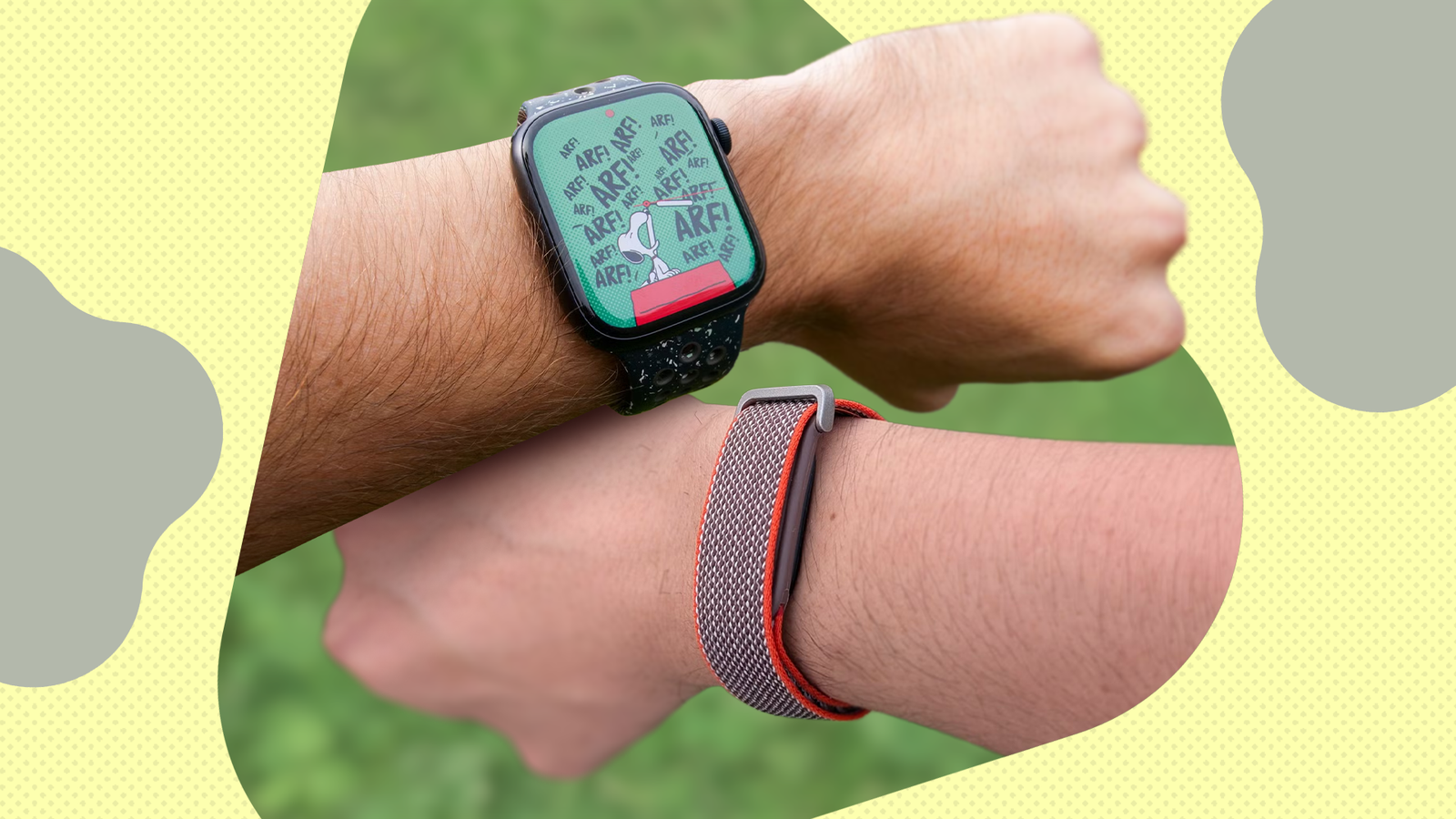 Apple Watch and Fitbit Air worn on two wrists against a colorful background.