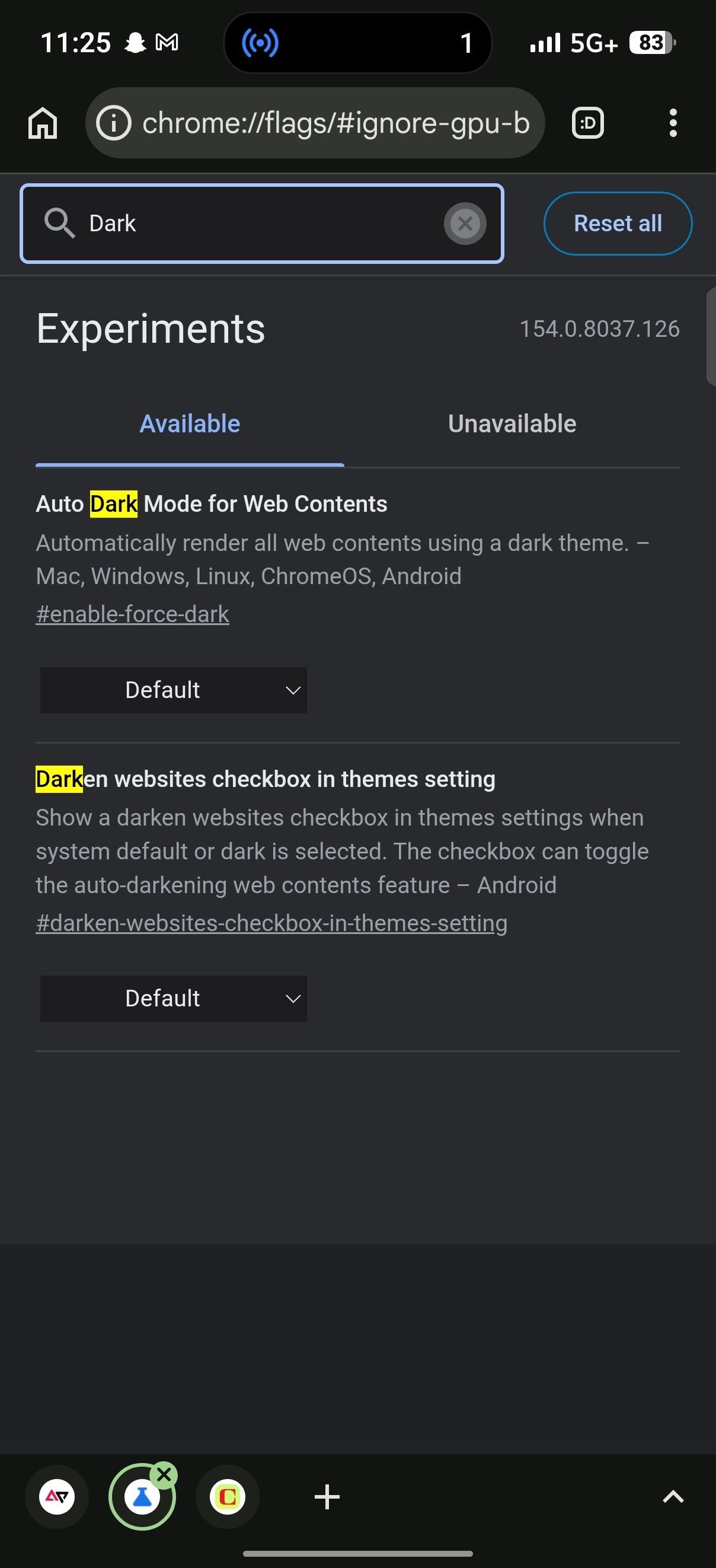 Google Chrome flags page showing Auto Dark Mode options