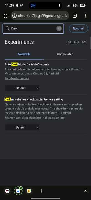 Google Chrome flags page showing Auto Dark Mode options