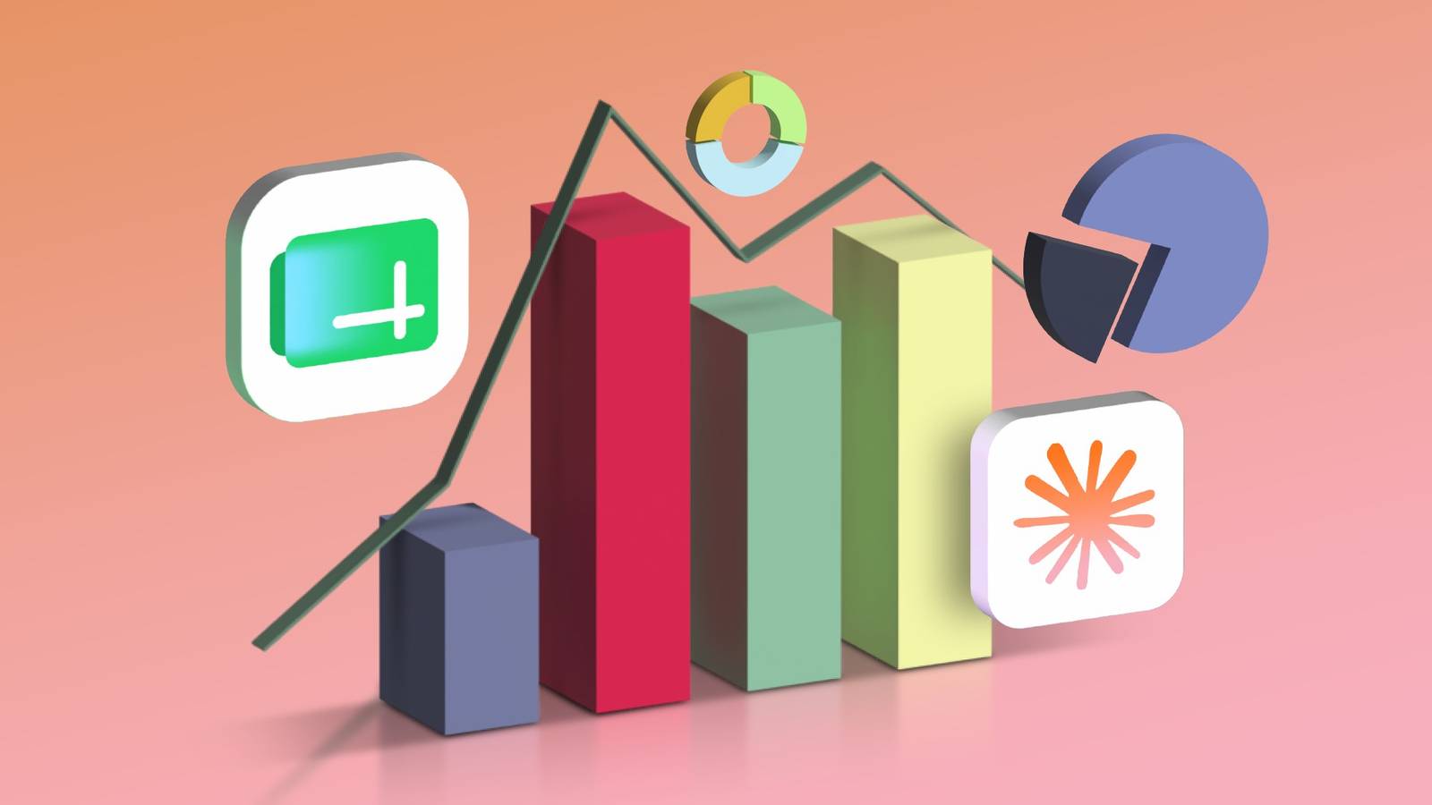 3D bar and pie charts with Google Sheets and Claude icons on a gradient background.