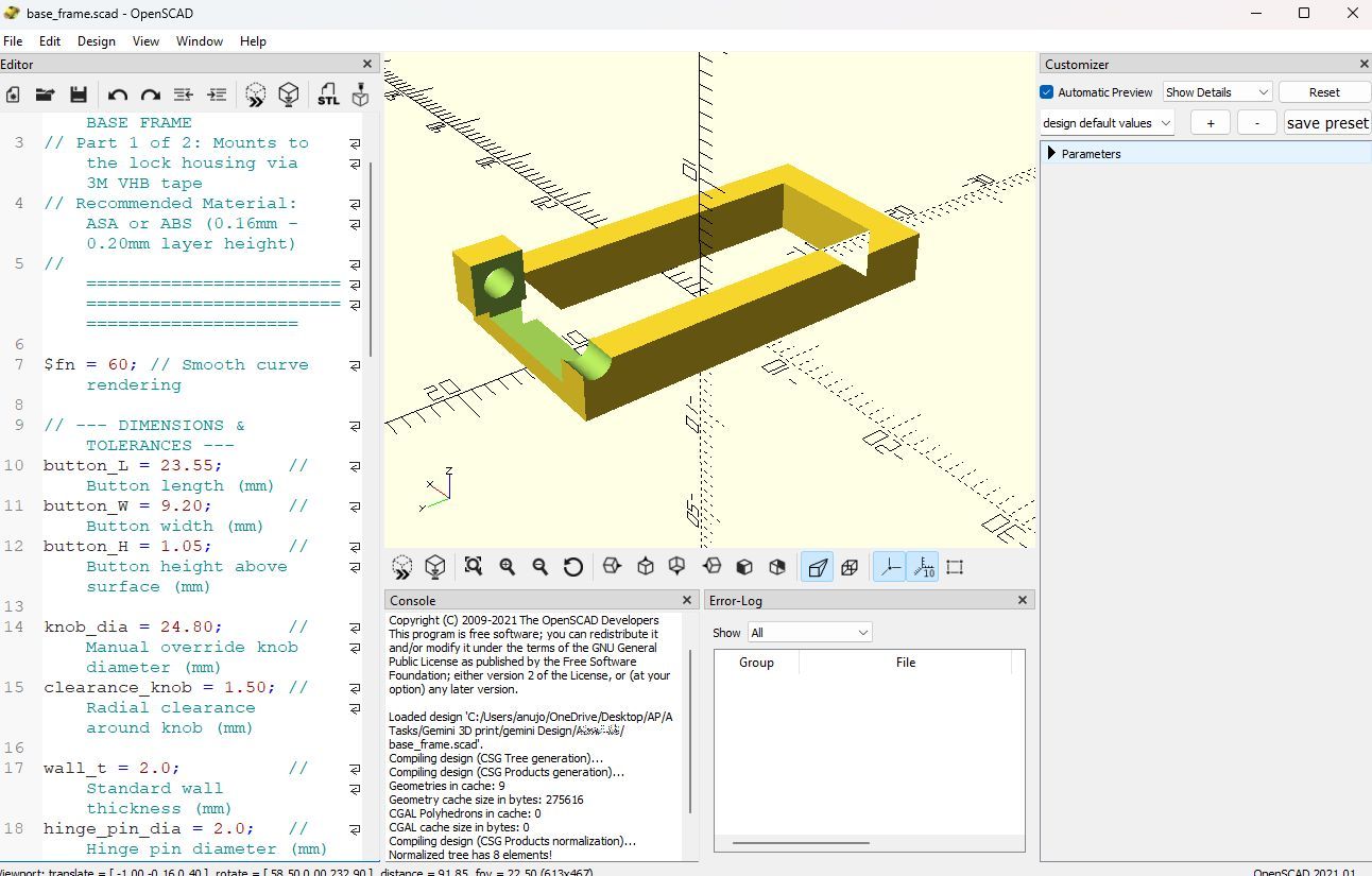 Screenshot showing the base frame in SCAD