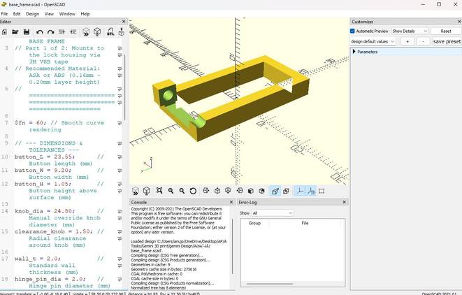 Screenshot showing the base frame in SCAD