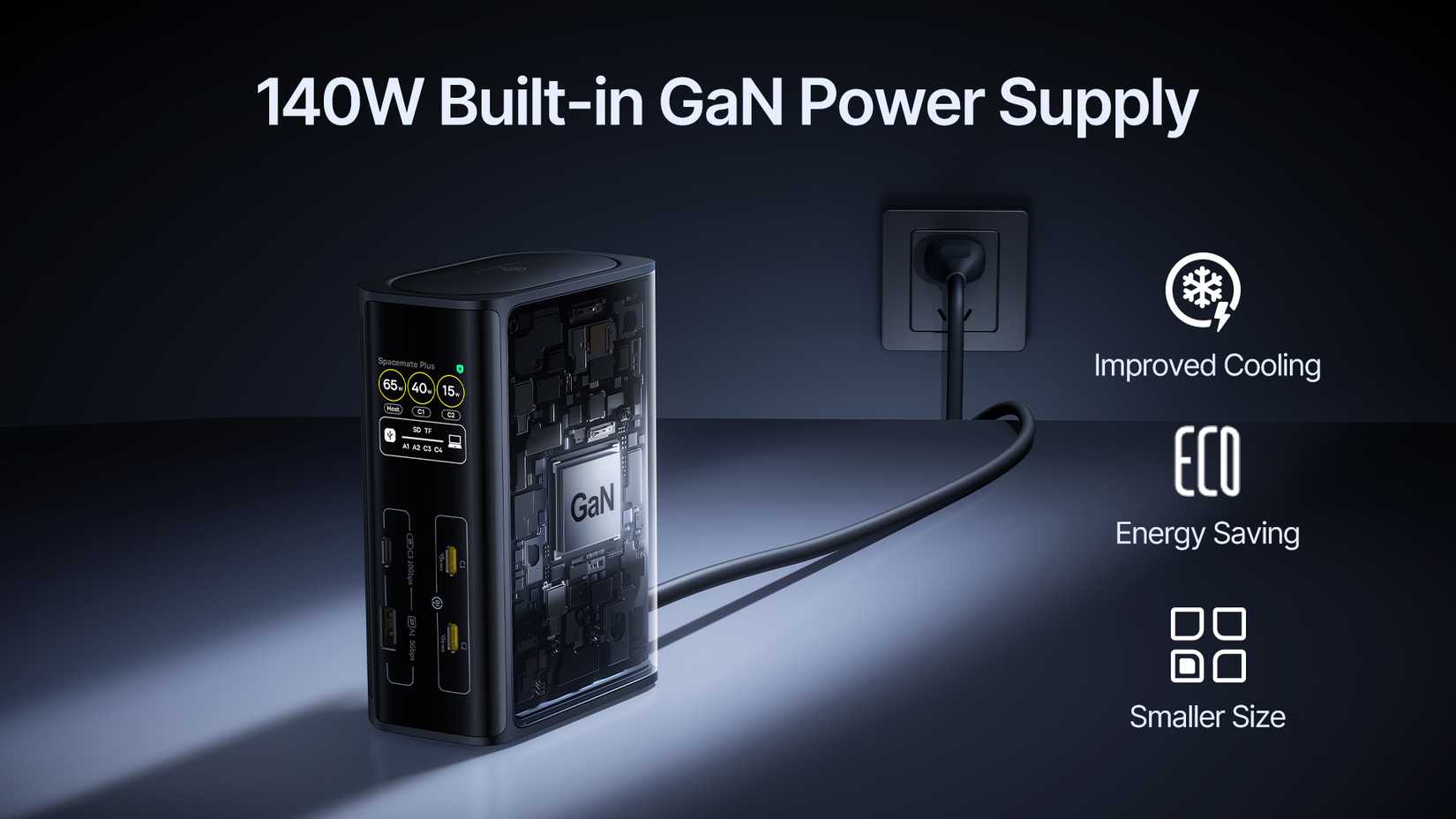Baseus Spacemate RD1 Plus-power che mostra l'alimentatore GaN integrato da 140 W.