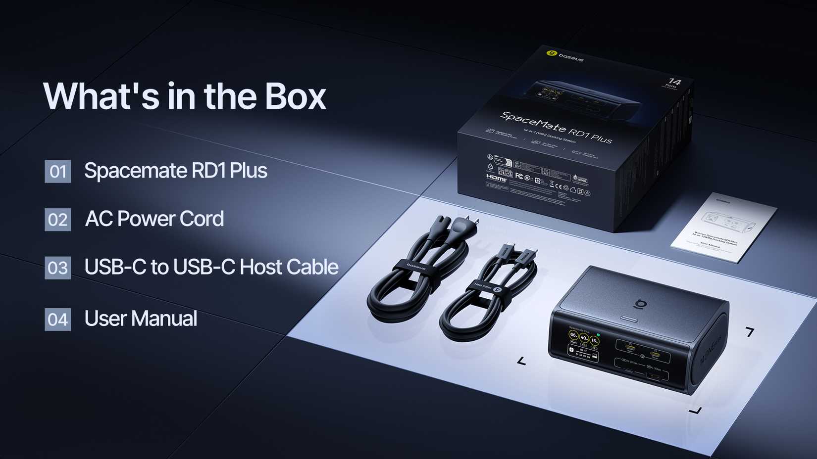 Baseus' Spacemate RD1 Plus is a 14-in-1 dock that works flat on a desk or upright