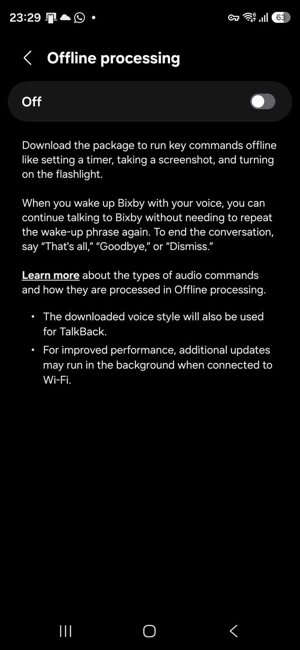 Interruttore di elaborazione offline Bixby
