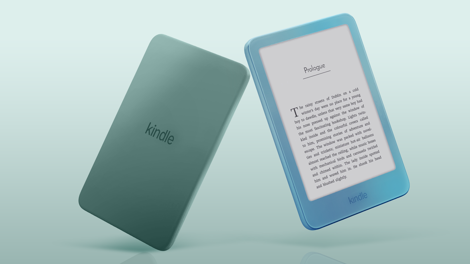 Blue and green Kindle Aluminum e-readers showing front and back views on a light green background.