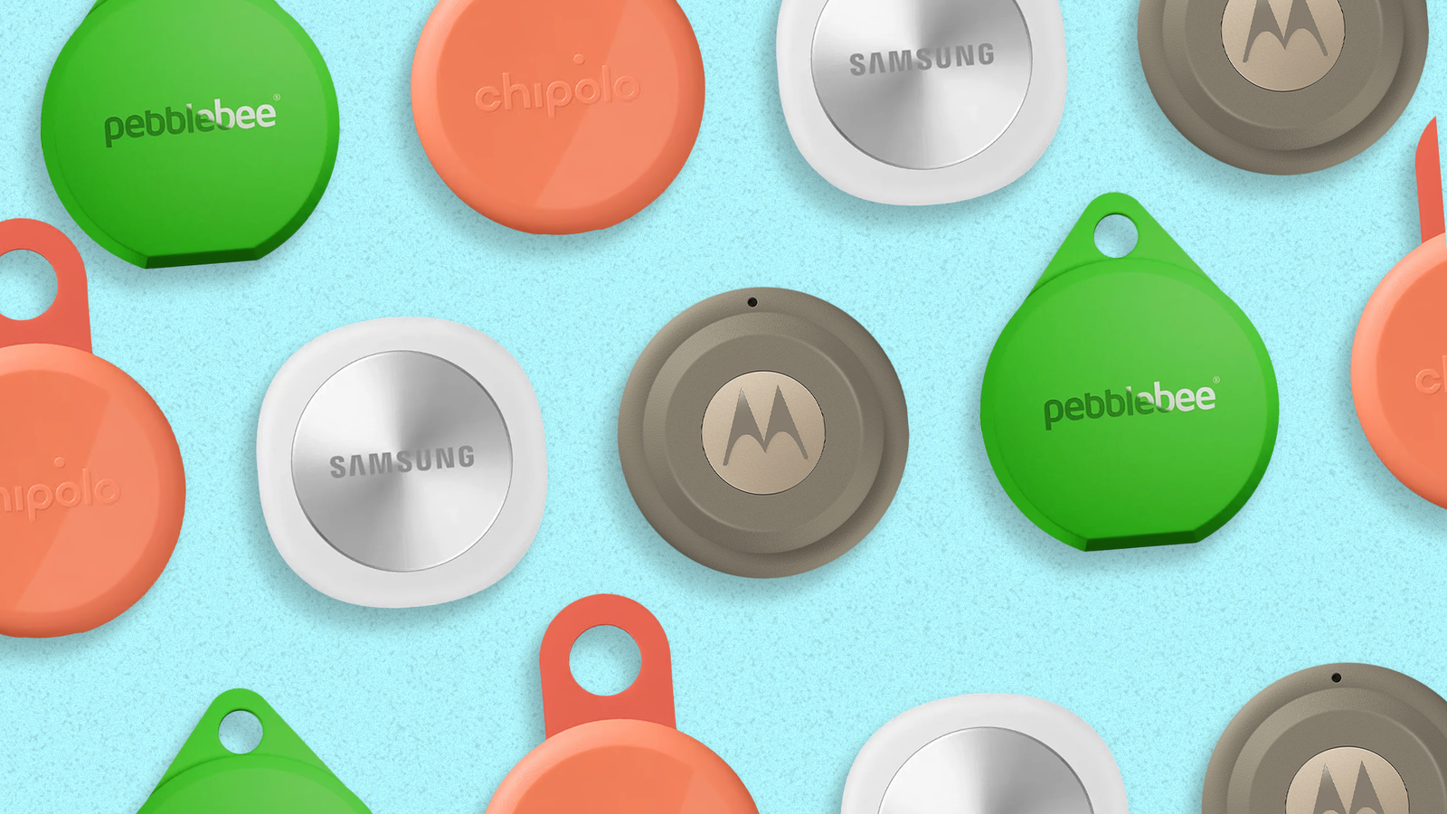 Bluetooth trackers from Samsung, Motorola, Chipolo, and Pebblebee arranged on a blue background.