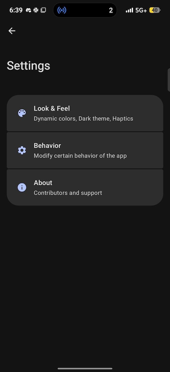 Bluke app settings menu showing customization options