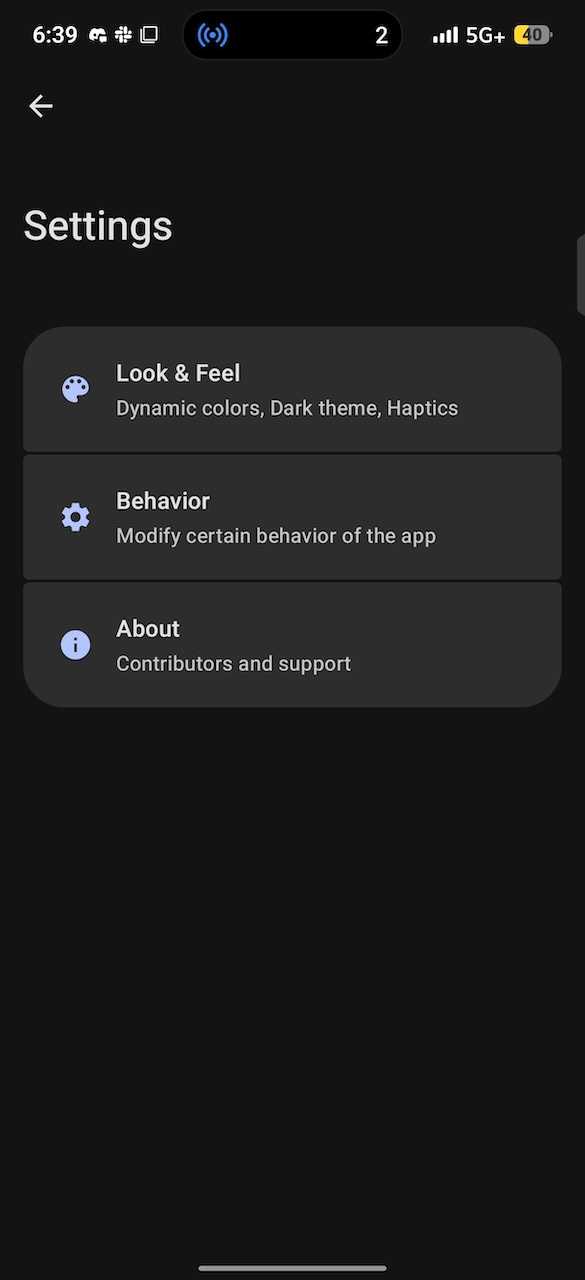 Bluke app settings menu showing customization options