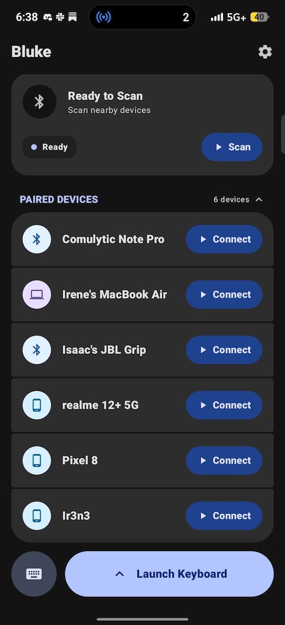 Paired devices menu displaying connected hardware options on Bluke app