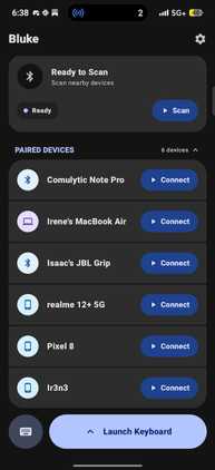 Paired devices menu displaying connected hardware options on Bluke app