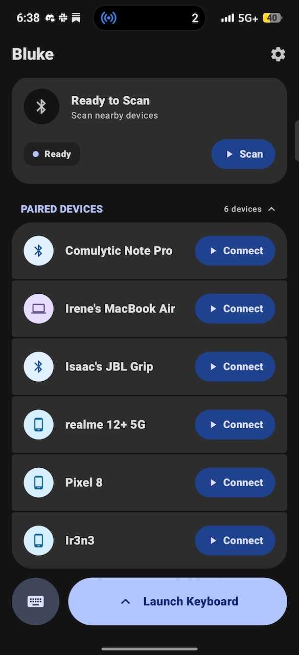Paired devices menu displaying connected hardware options on Bluke app