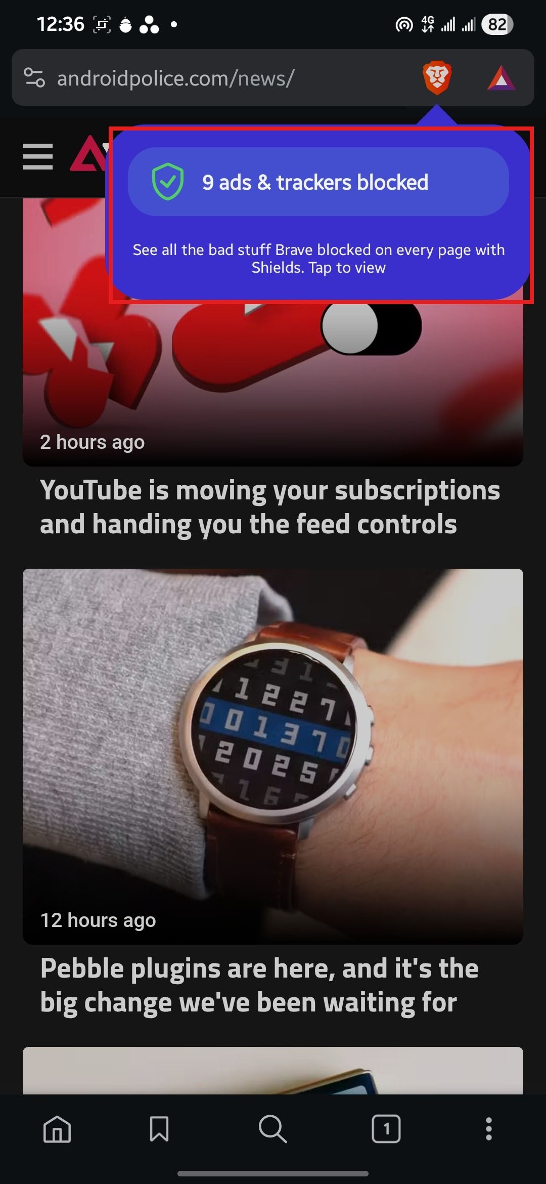 Brave Shields panel on a news page showing Shields up and 9 trackers, ads and more blocked