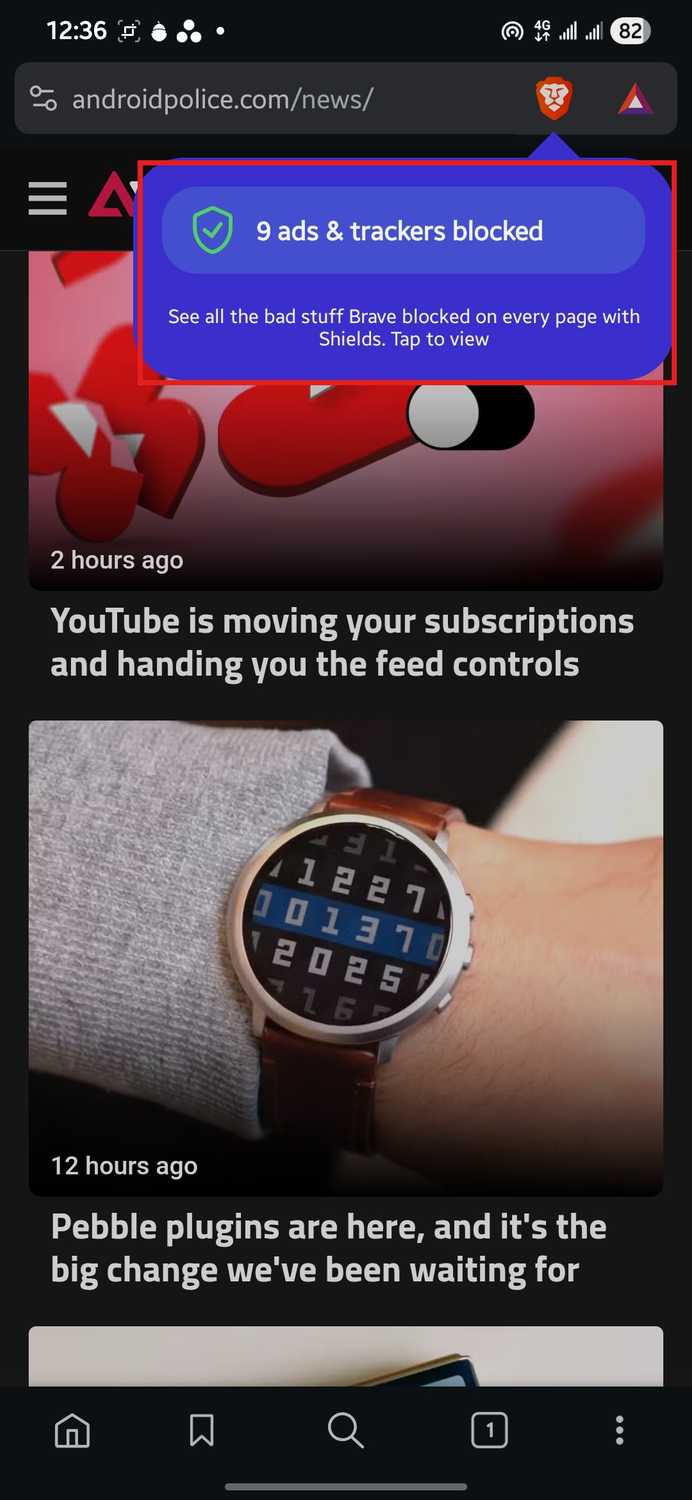 Brave Shields panel on a news page showing Shields up and 9 trackers, ads and more blocked