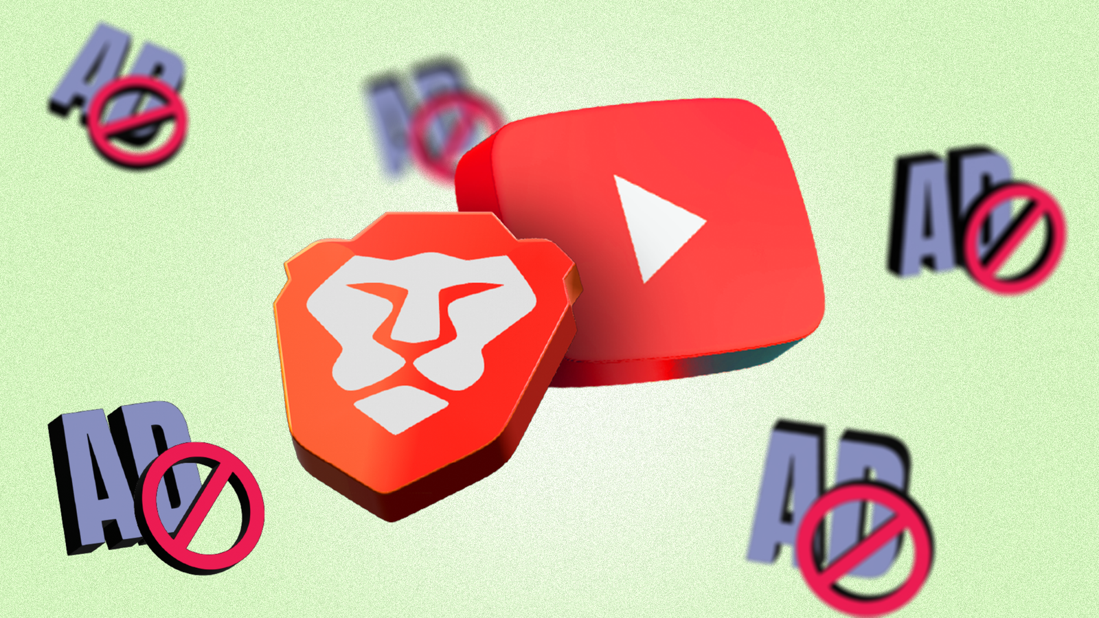 Brave and YouTube logos surrounded by blocked ad icons.