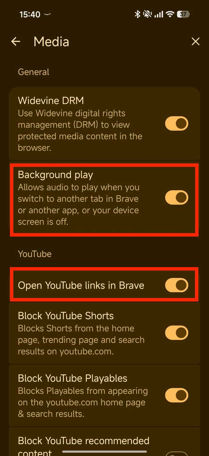 YouTube background play and links setting in Brave
