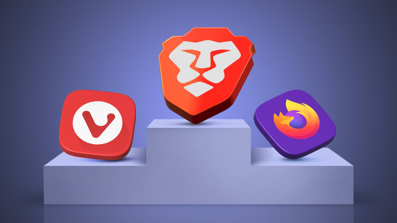Brave browser logo on a winner’s podium, alongside Vivaldi and Firefox logos.