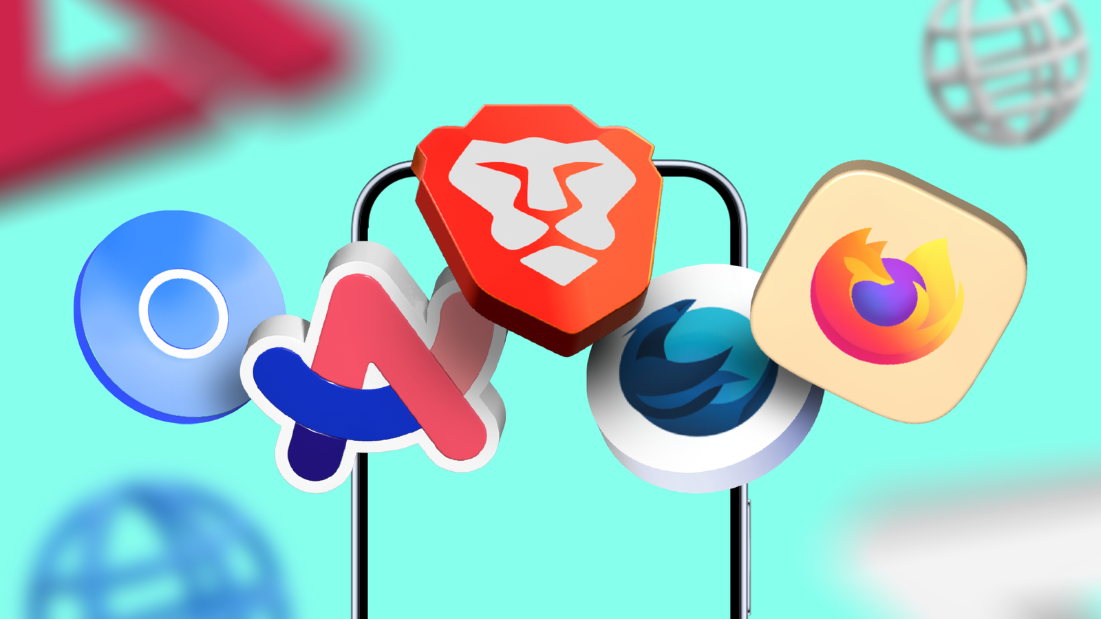Brave browser logo surrounded by Arc Search, Bare, Iceraven, and Firefox icons on a light background.