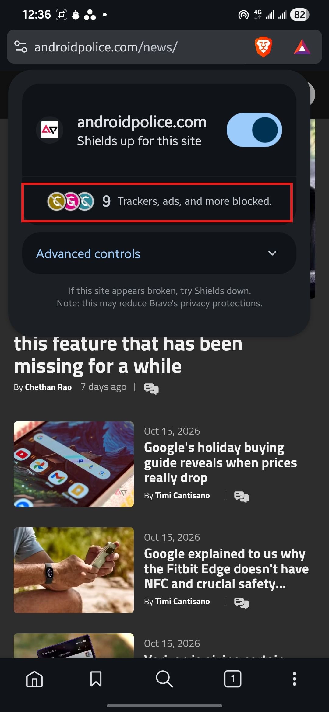 Brave Shields panel on a news page showing Shields up and 9 trackers, ads and more blocked