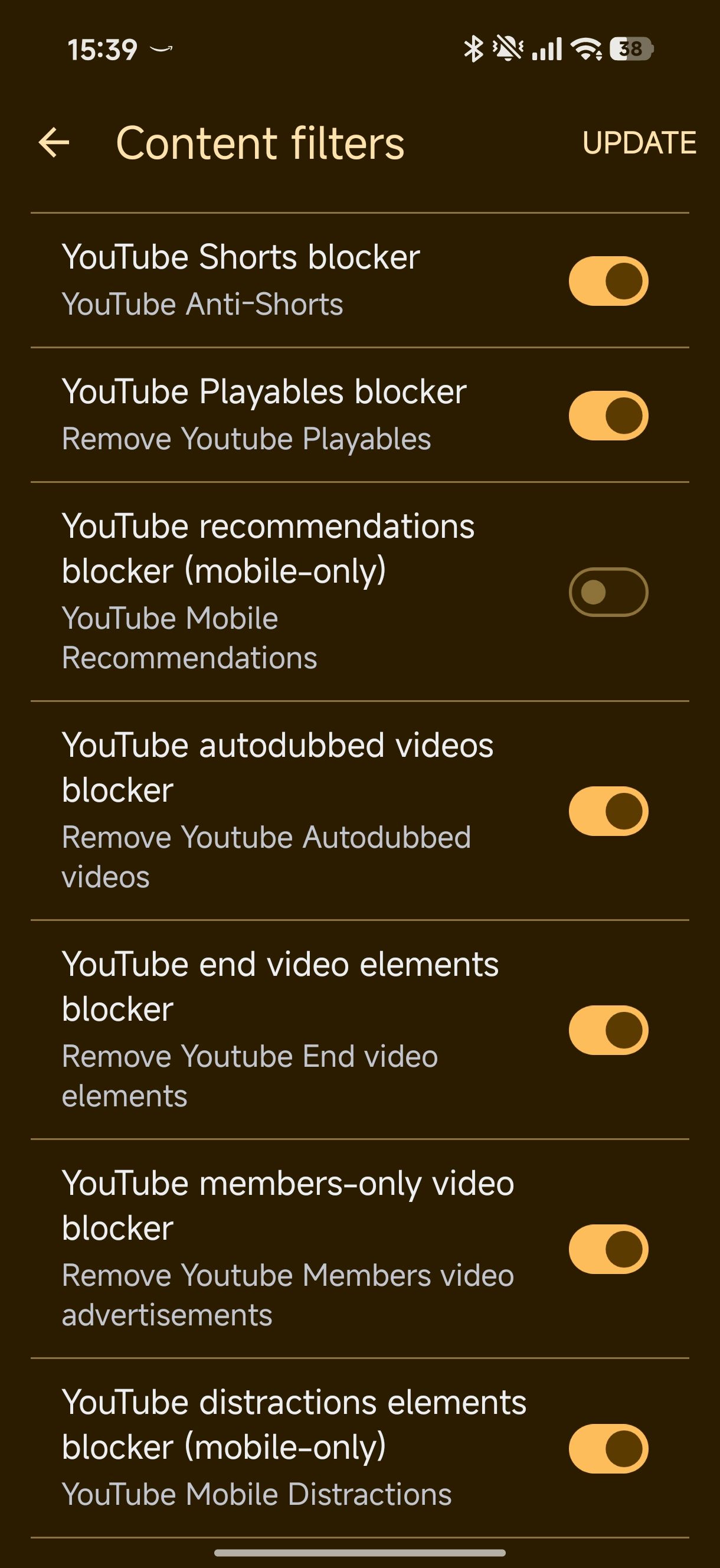YouTube content filter settings in Brave