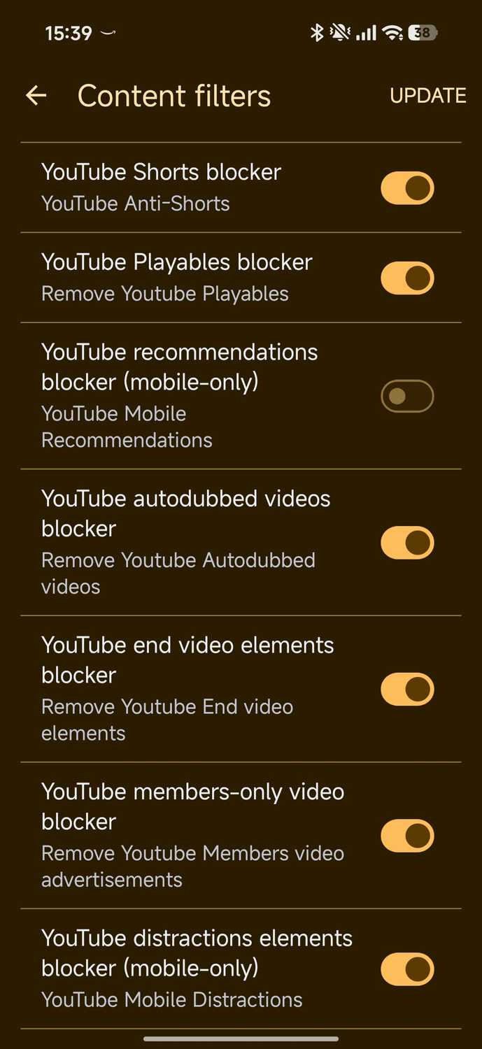 YouTube content filter settings in Brave
