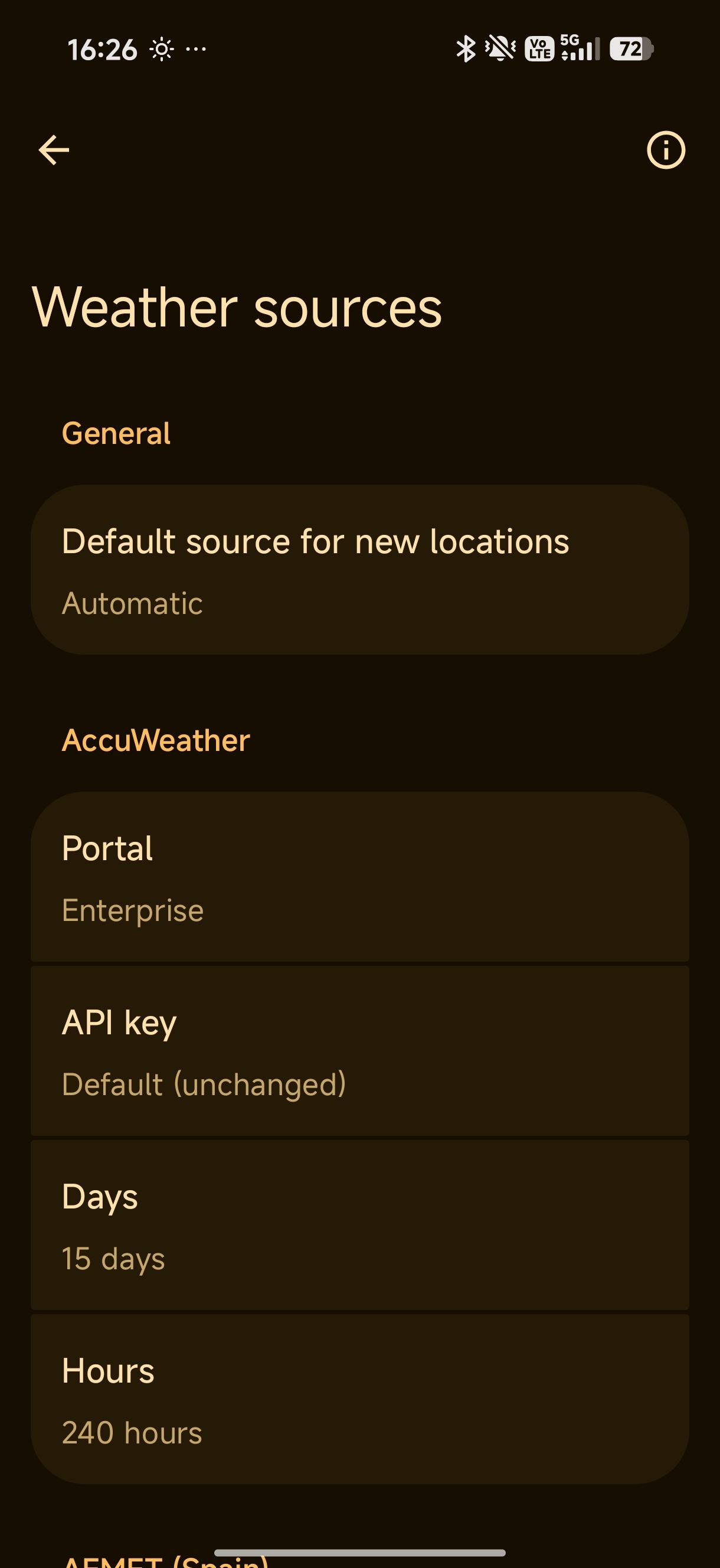 Breezy weather app settings showing sources for data