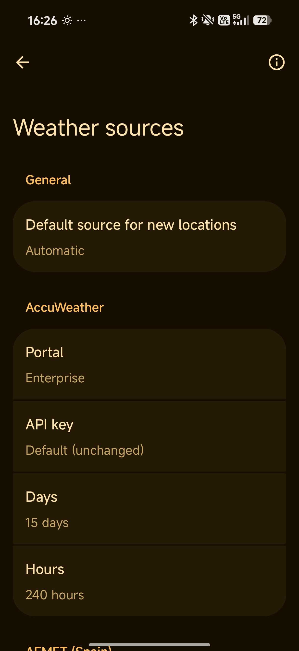 Breezy weather app settings showing sources for data