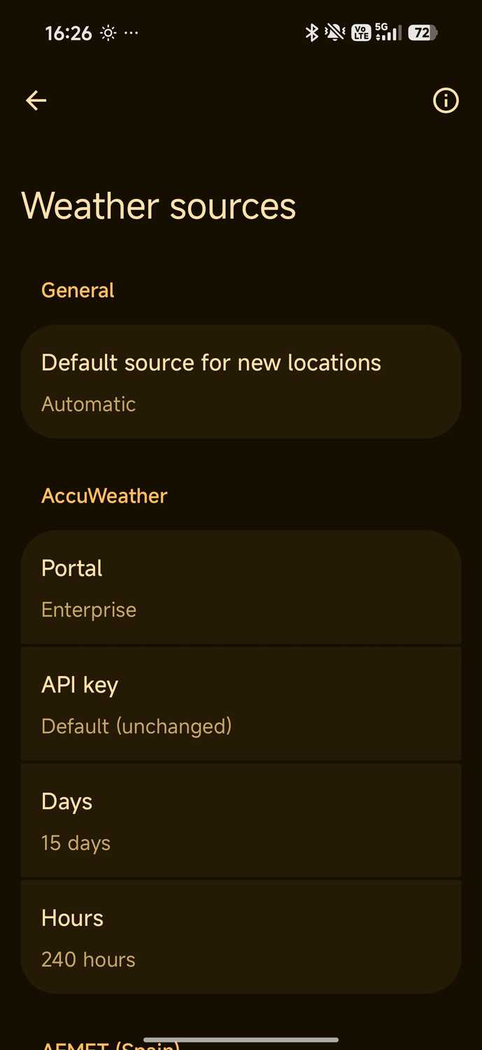 Breezy weather app settings showing sources for data