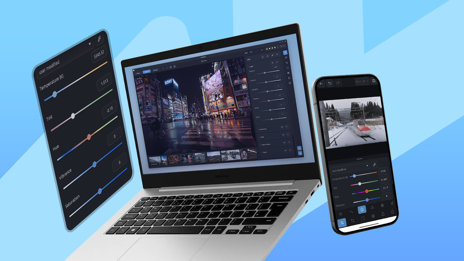 Image showing CalibRaw running on phones and a laptop