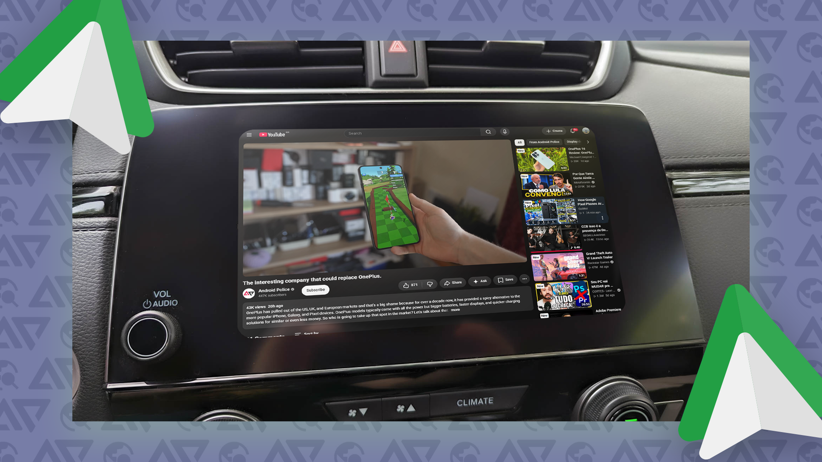 Car infotainment screen displaying a YouTube video through Android Auto.