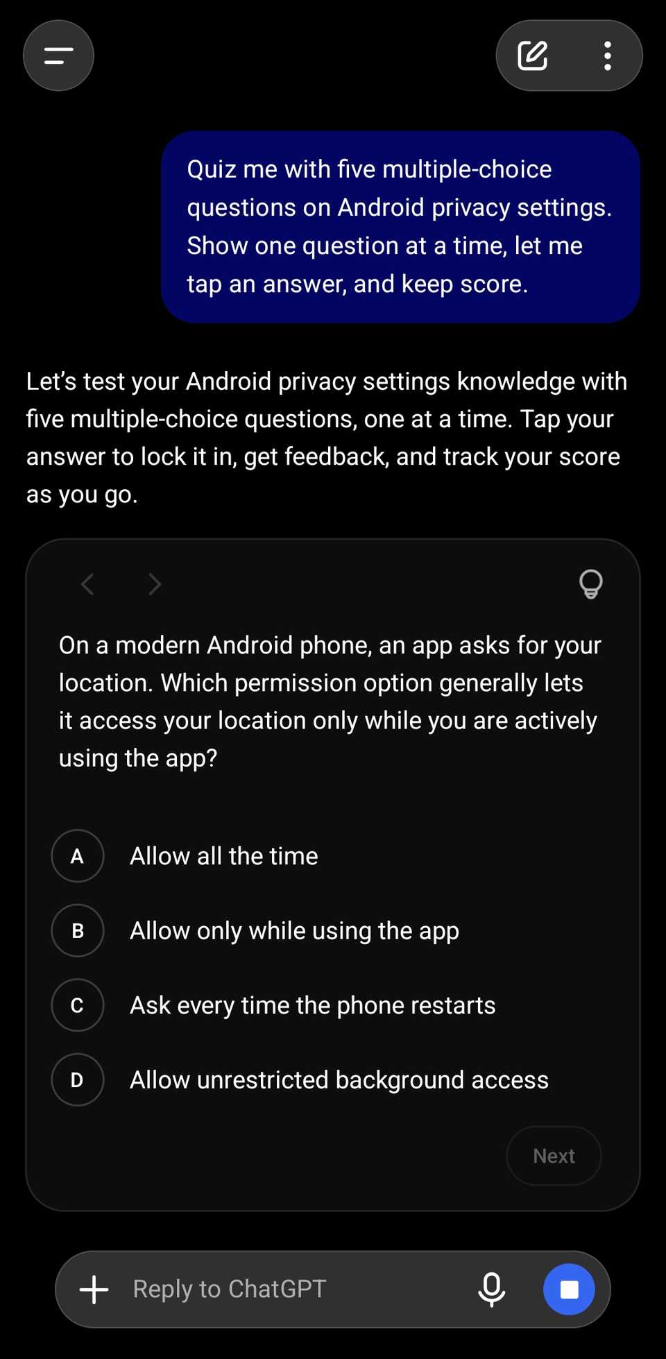 ChatGPT chat showing a prompt for an Android quiz and part of the results.