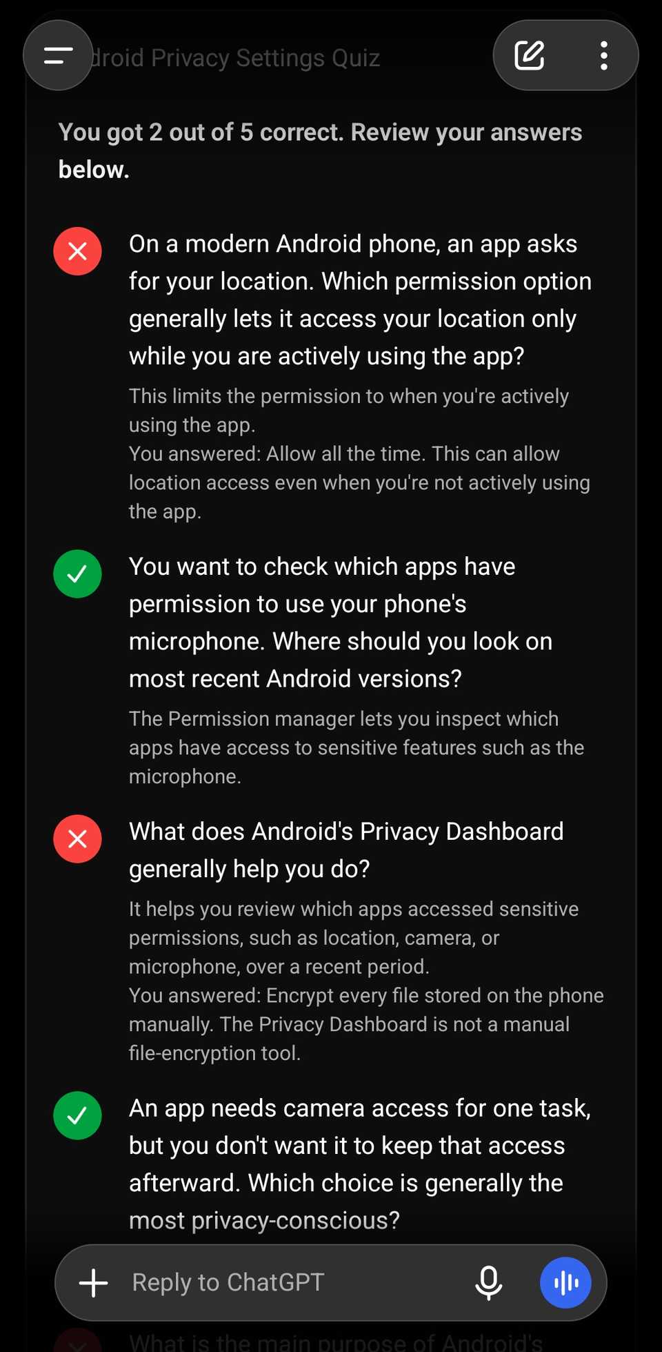 ChatGPT chat showing part of the results for an Android quiz.